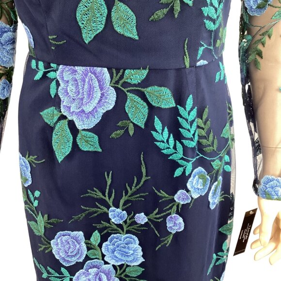 Tahari NWT Navy Blue Floral Embroidered Sheer Mesh Overlay Dress‎ Size 4 W/ Long - Picture 8 of 9